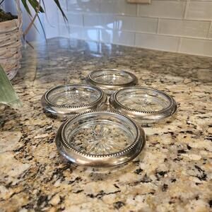 W&S Blackinton Silver Plated and Glass Coasters Sunburst Pattern Set of 4 VTG